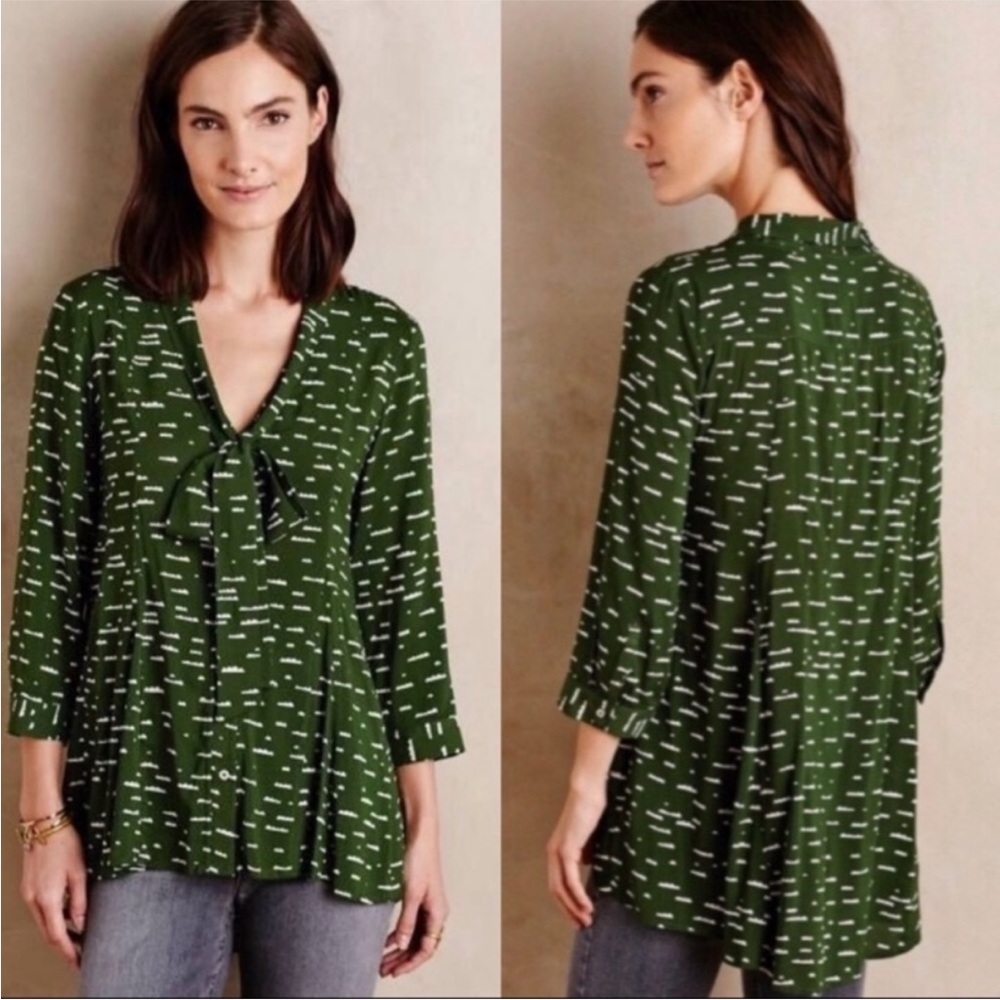 Anthropologie Maeve Tie Neck Cloud Blouse Green-SMALL